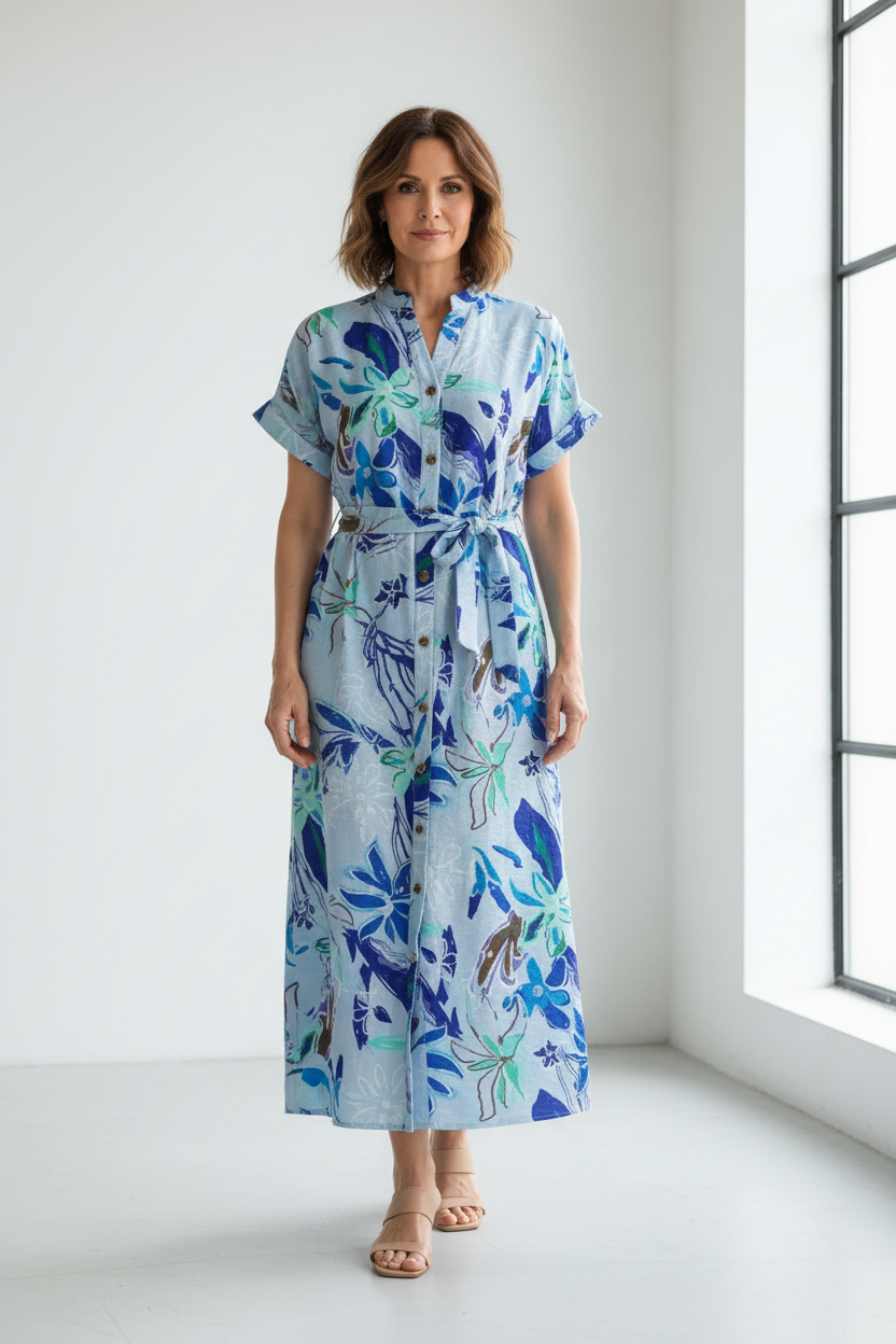 Vestido floral azul frontal