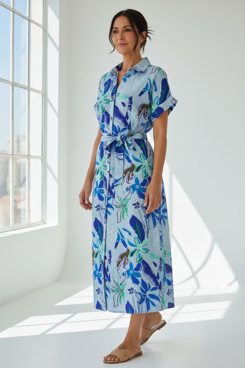 Vestido floral azul tres cuartos