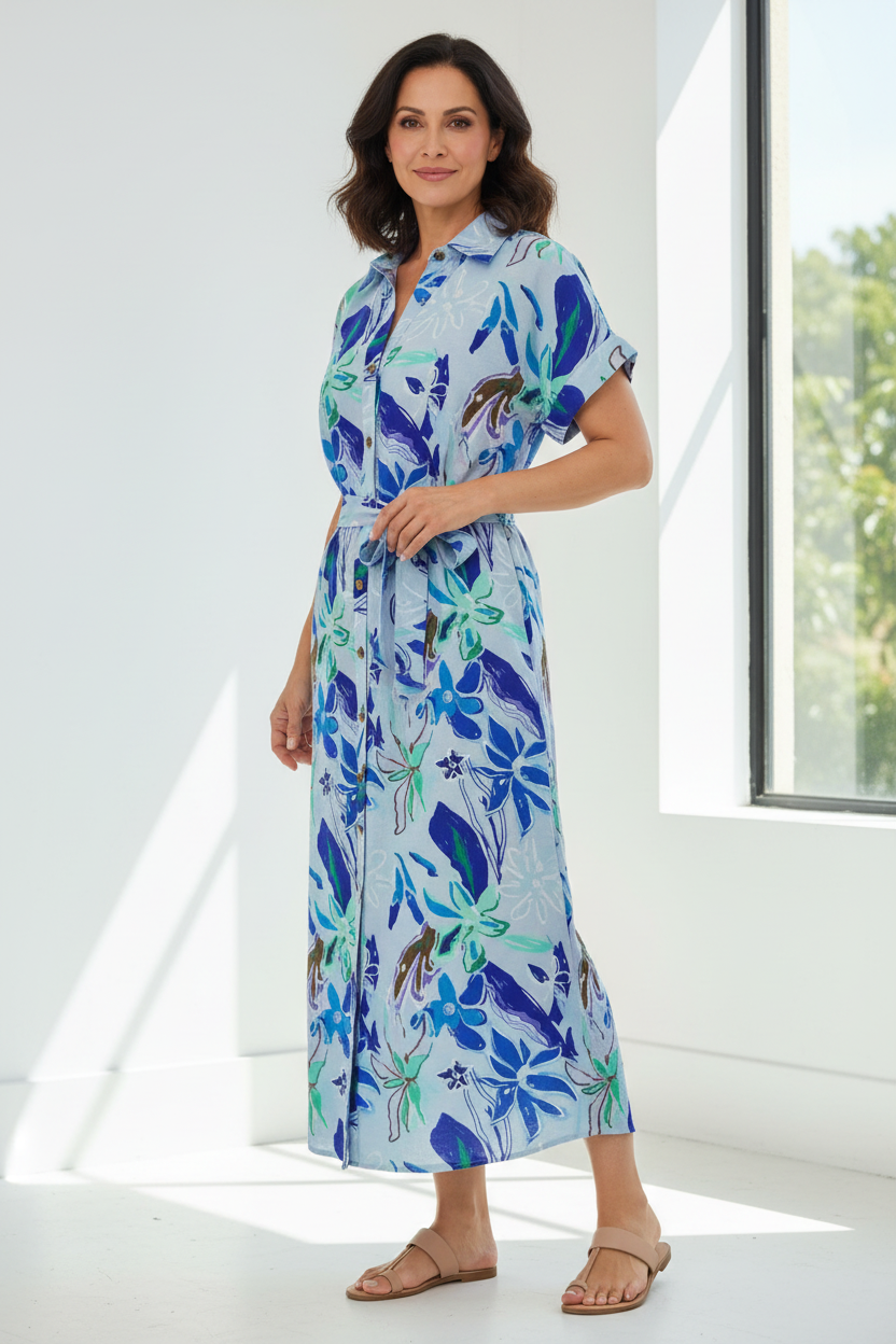 Vestido floral azul tres cuartos