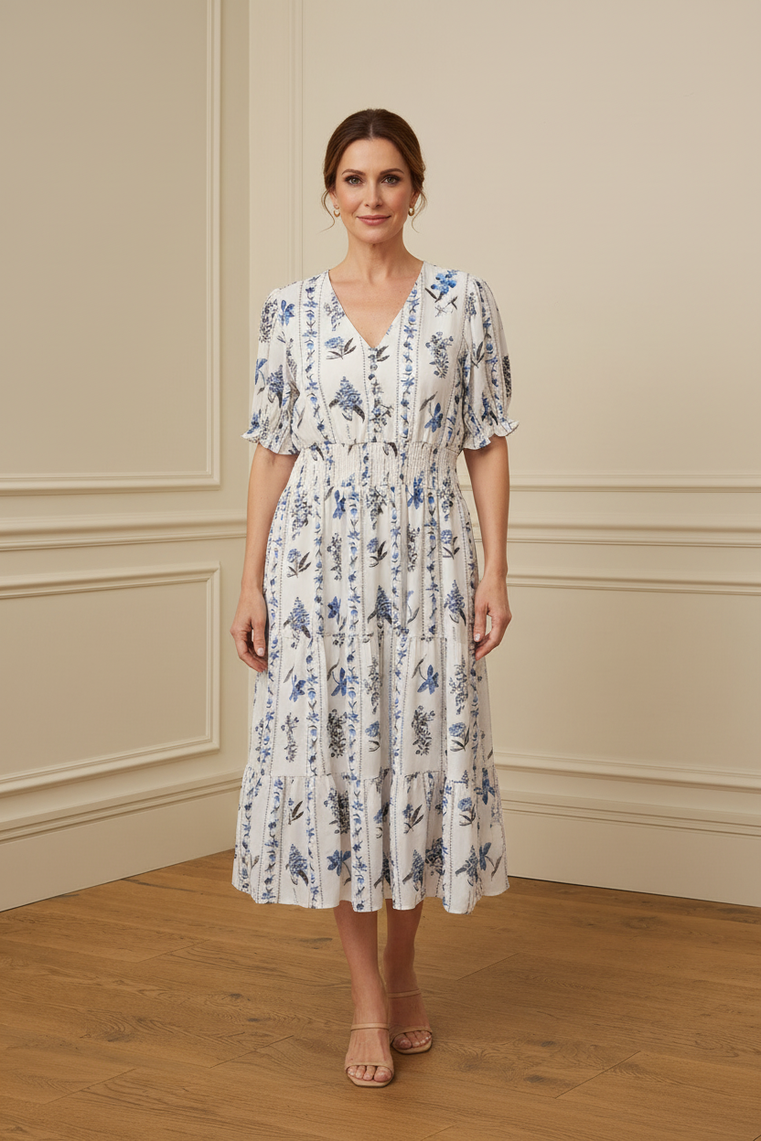 Vestido midi floral blanco azul - vista frontal