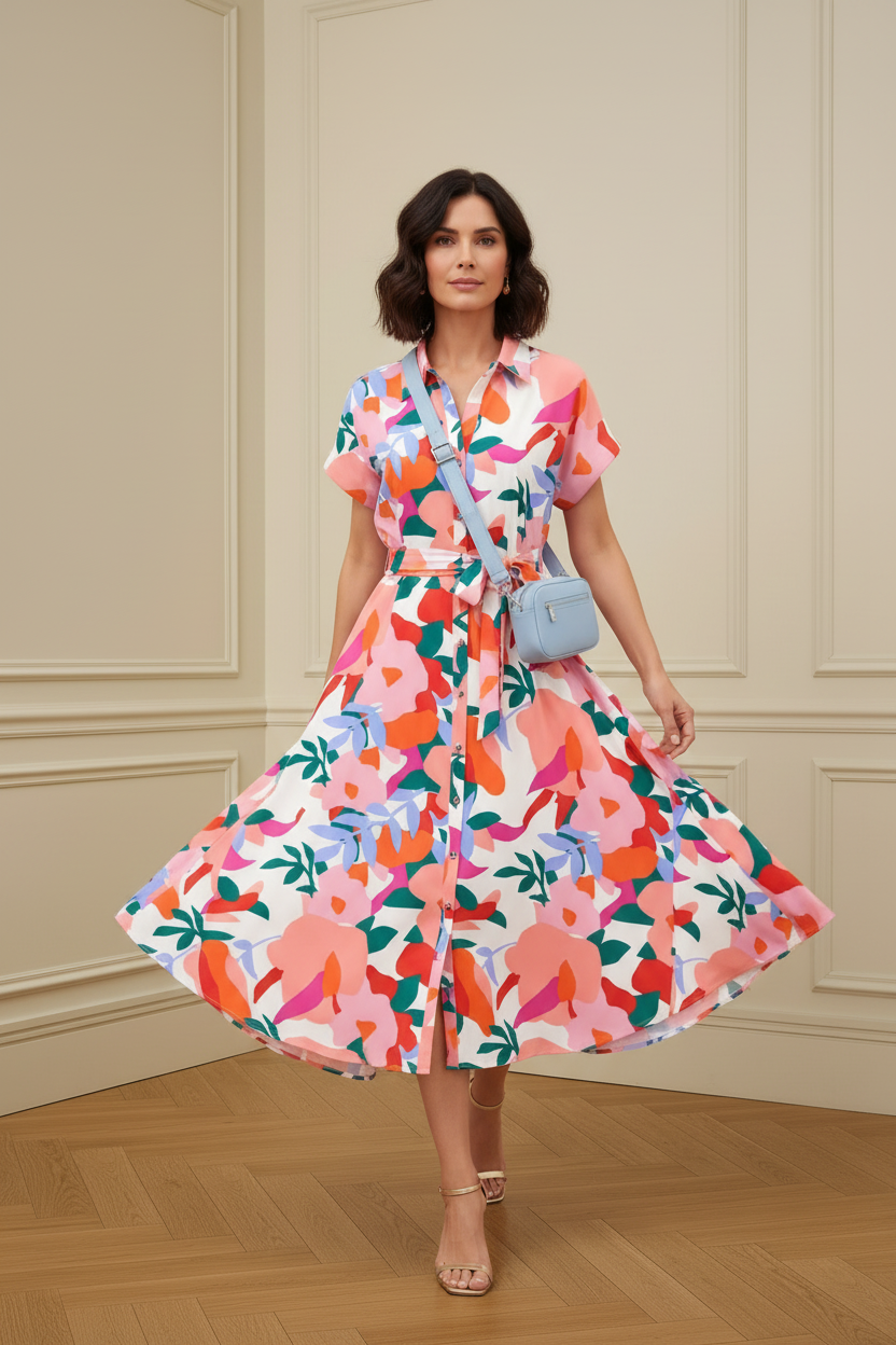 Vestido floral con bolso azul en movimiento