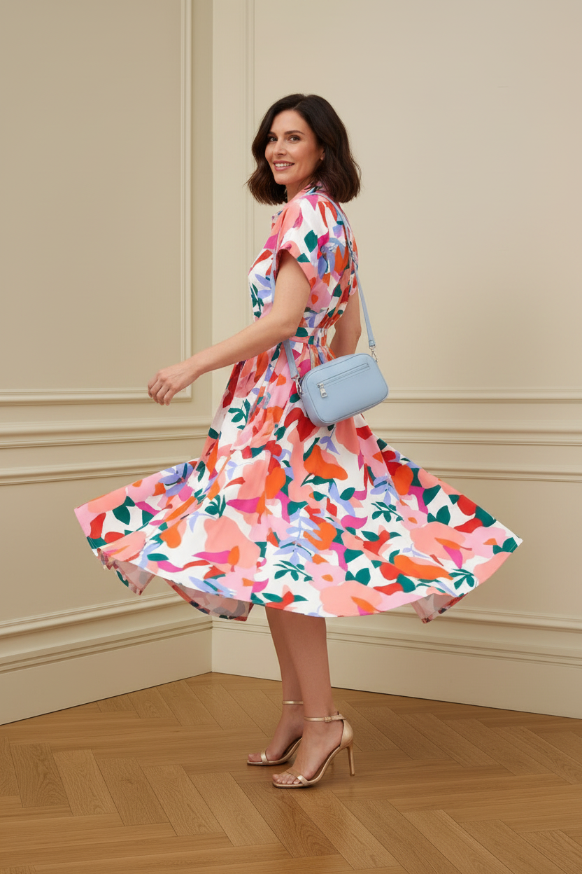 Vestido floral con bolso azul girando