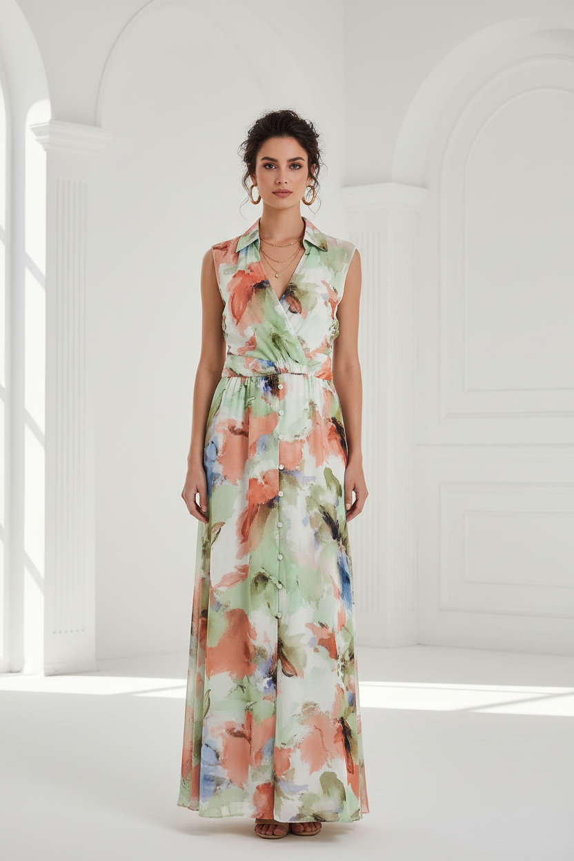 Vestido floral botones falda sin lazo modelo española fondo arquitectónico