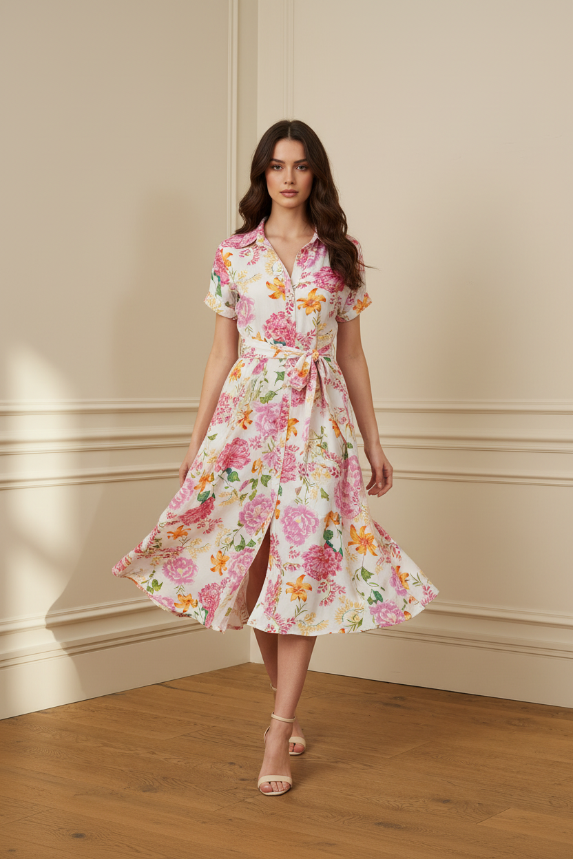 Vestido floral caminando frontal