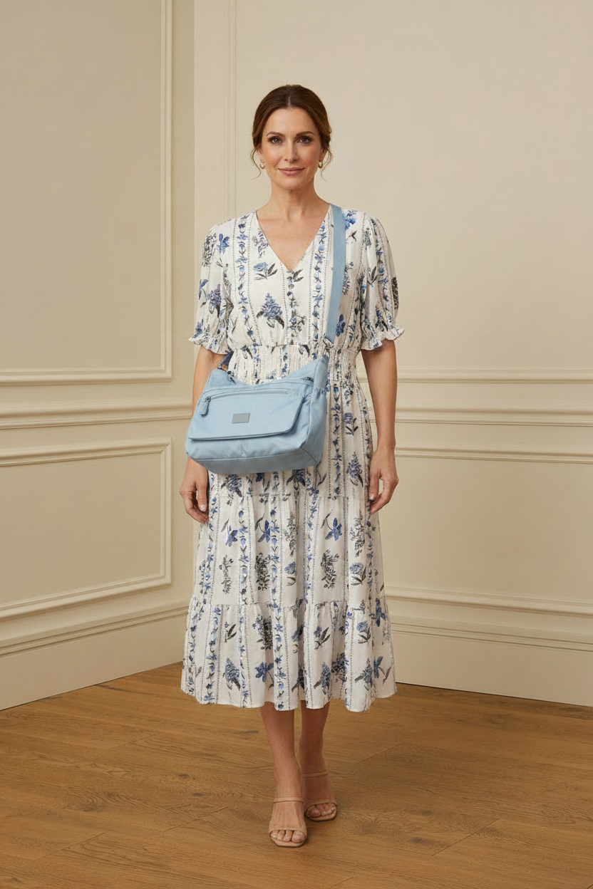 Bolso bandolera acolchado azul celeste - lifestyle con vestido floral
