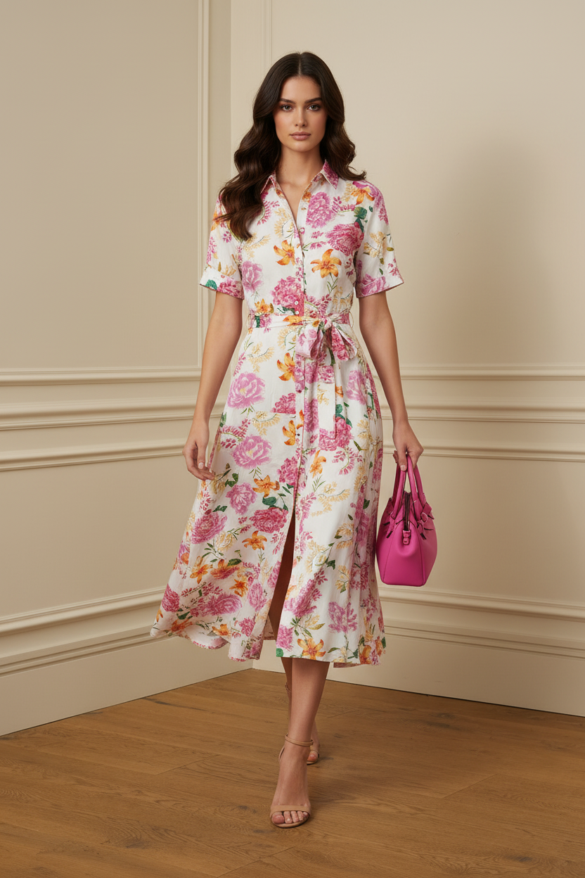 Vestido floral con bolso fucsia en movimiento