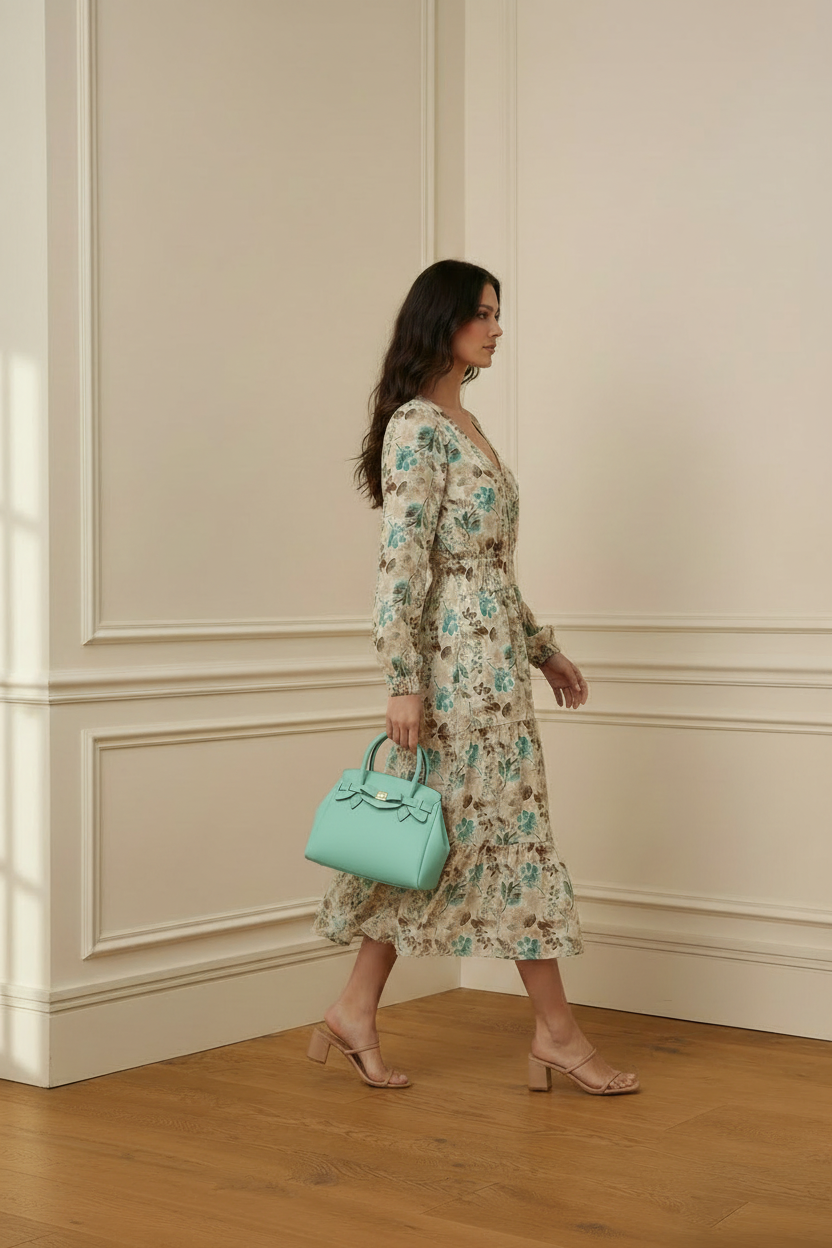 Vestido floral con bolso verde menta
