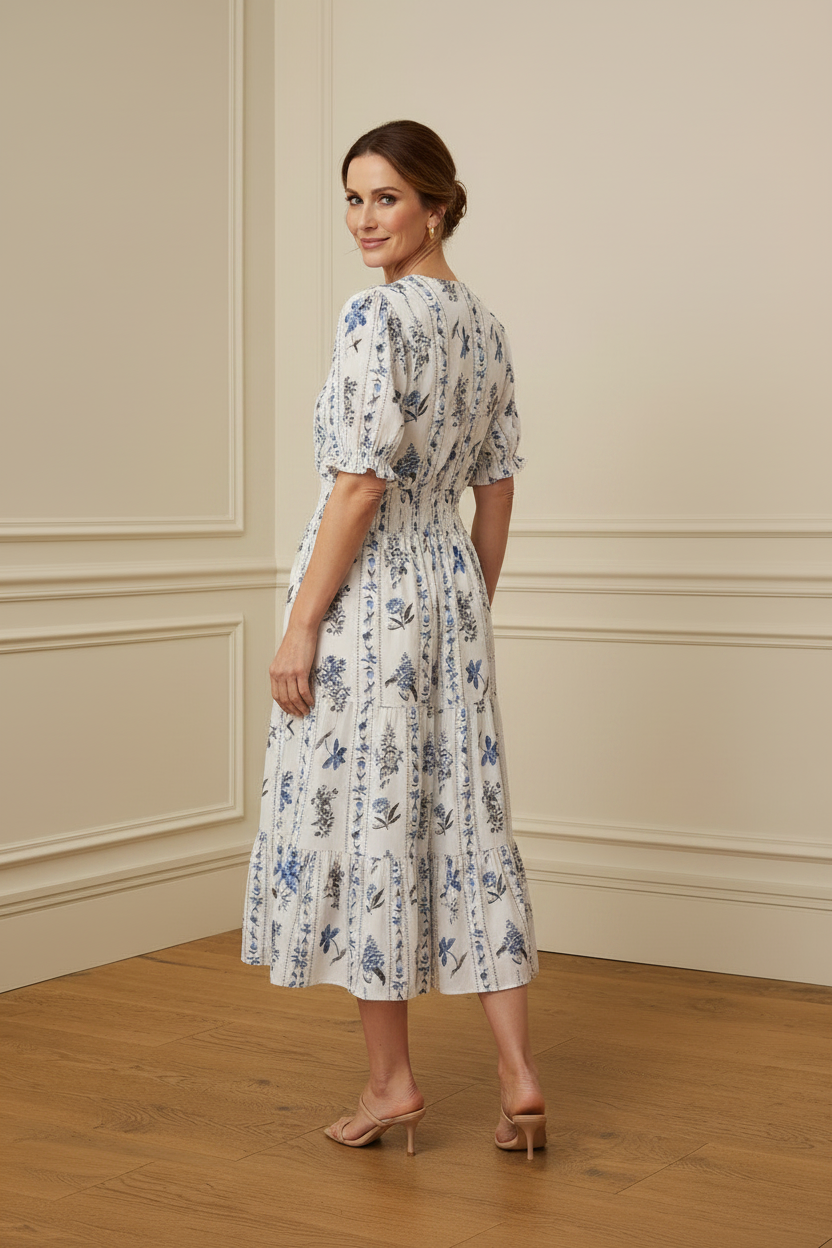 Vestido midi floral blanco azul - vista espalda