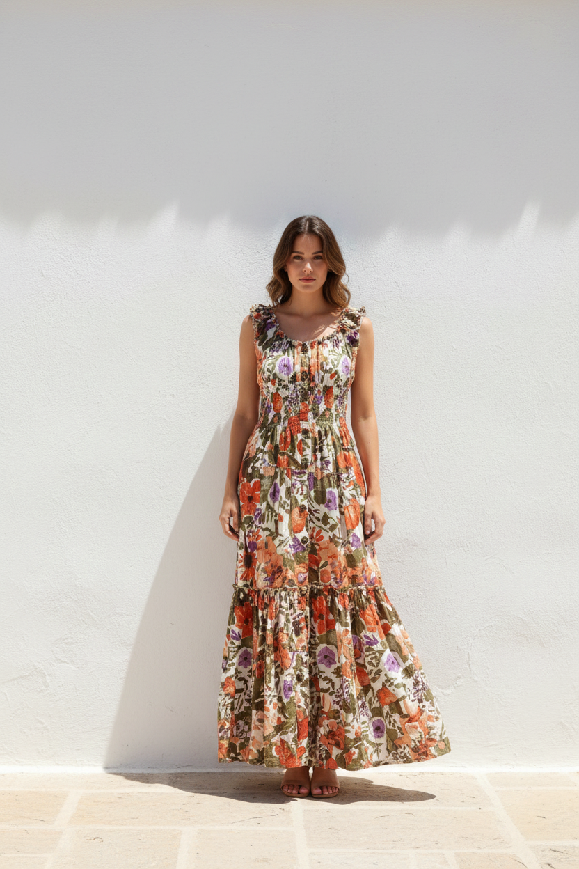 Vestido floral frontal exterior blanco