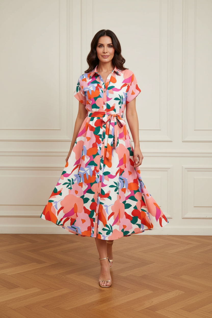 Vestido floral hacia cámara