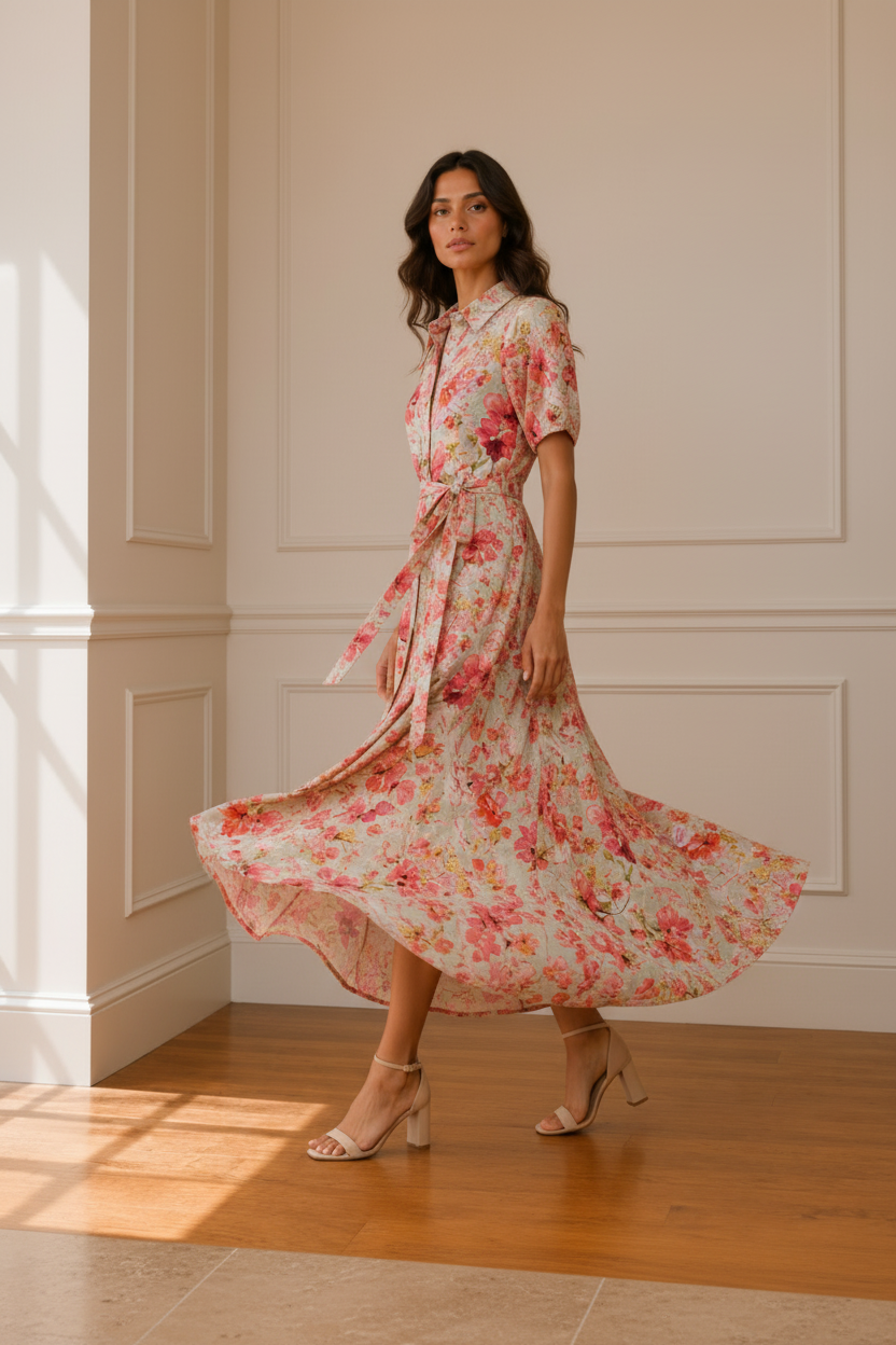 Vestido floral manga recta en movimiento