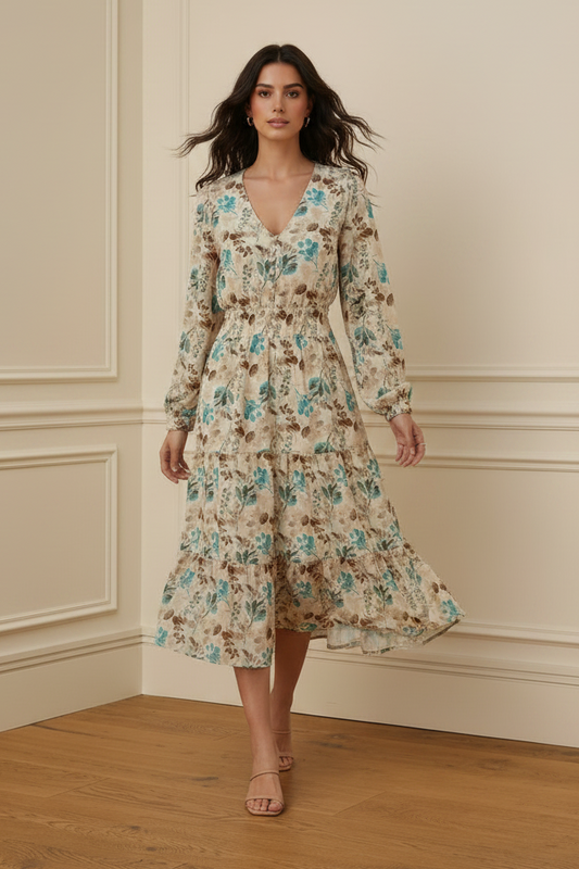 Vestido midi floral camel y turquesa cintura elástica