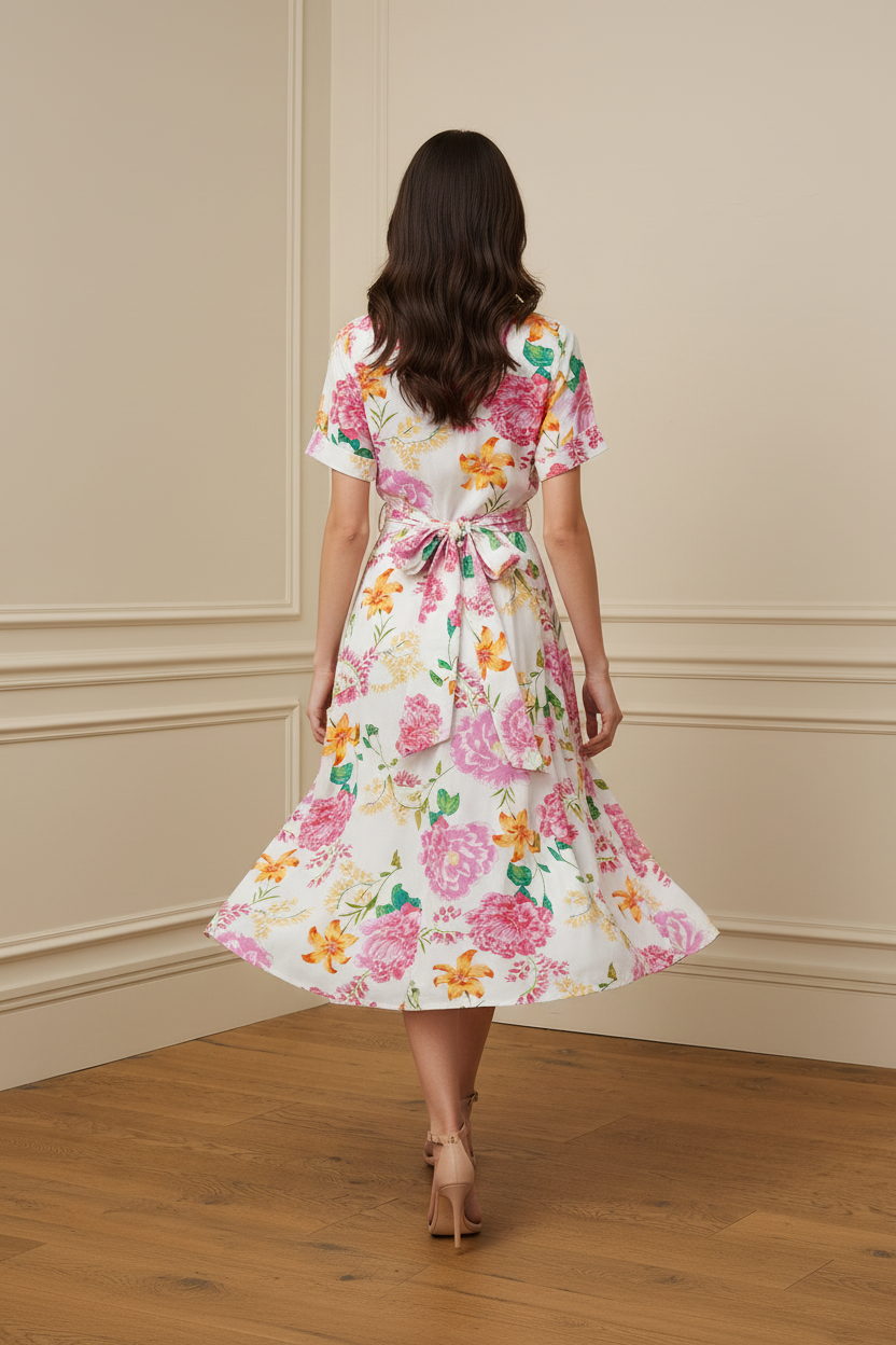 Vestido floral por detrás caminando