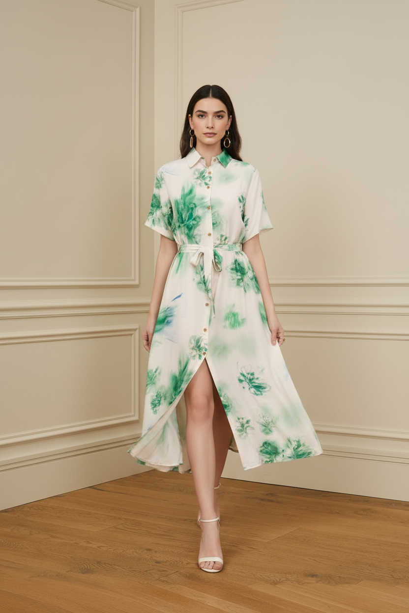 Vestido floral verde — modelo caminando