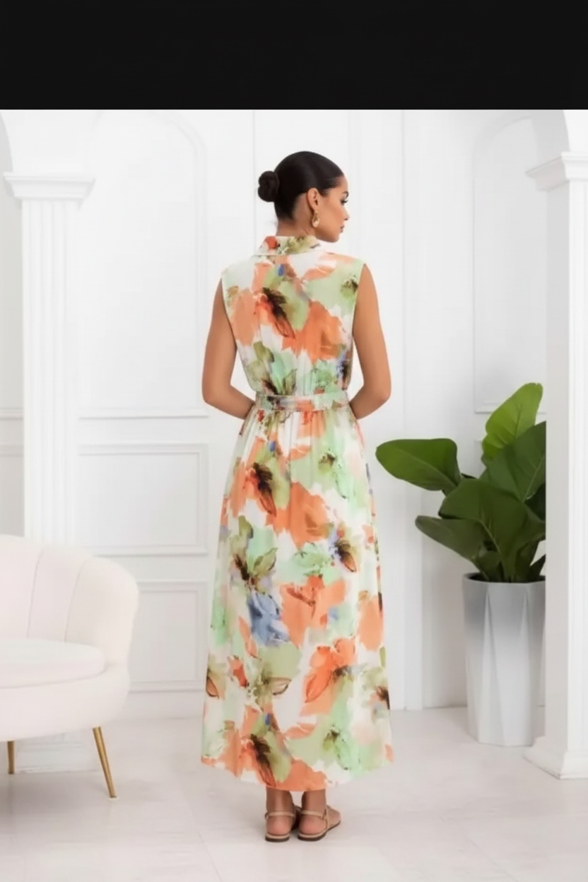 Vestido floral vista espalda fondo arquitectónico blanco