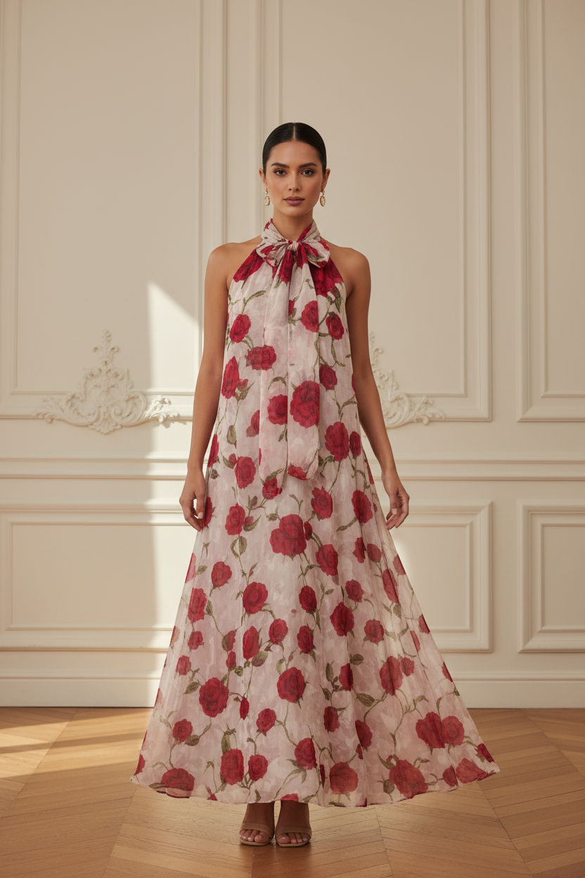 Vestido halter rosas - frontal
