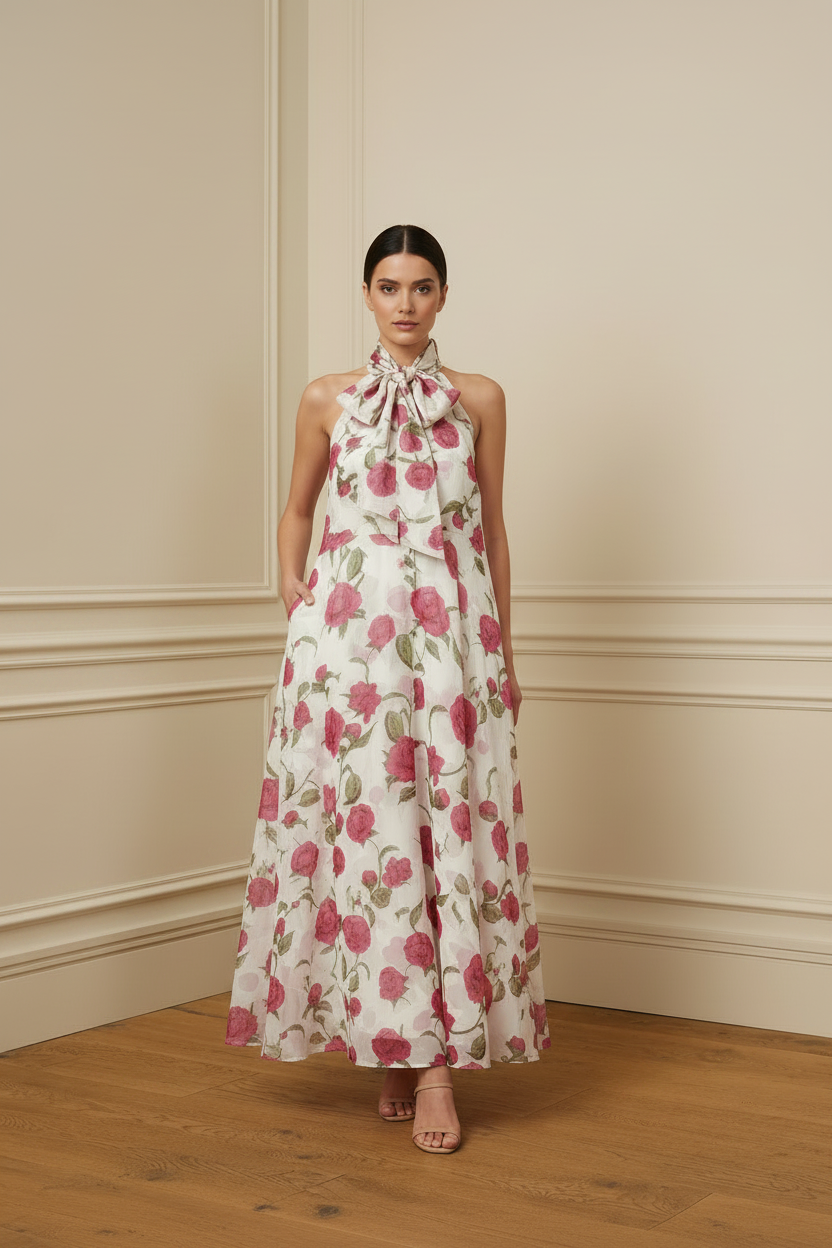 Vestido halter rosas recto sin entalle