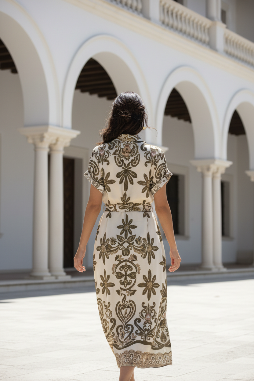 Vestido kaki espalda arquitectónico