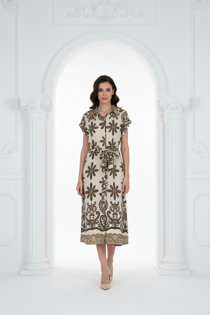 Vestido kaki frontal estudio arquitectónico blanco