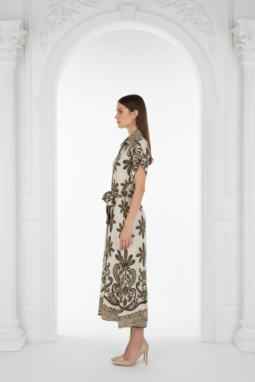 Vestido kaki lateral estudio arquitectónico blanco