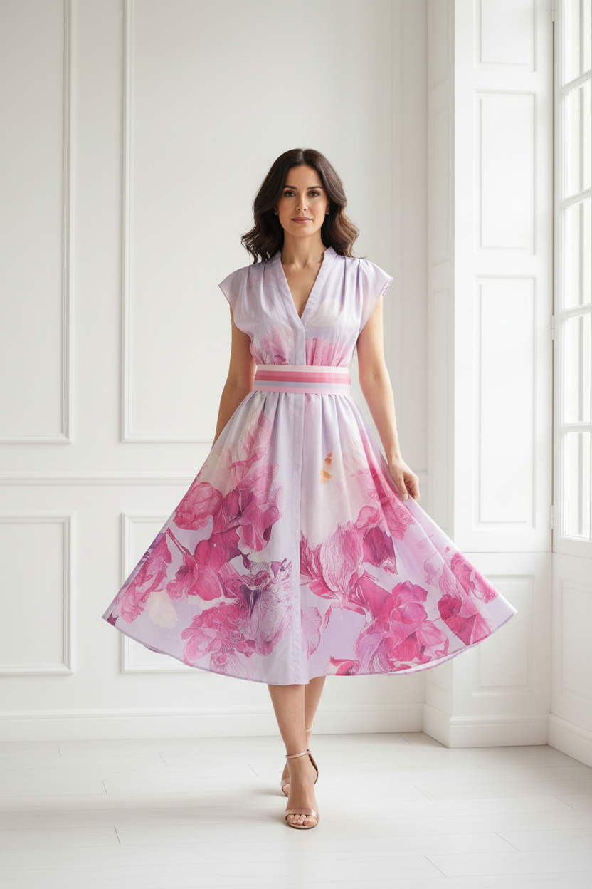 Vestido lila flores fucsia caminando