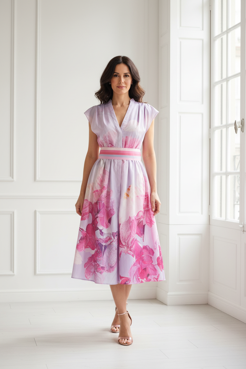 Vestido lila flores fucsia cinturón rayas modelo española