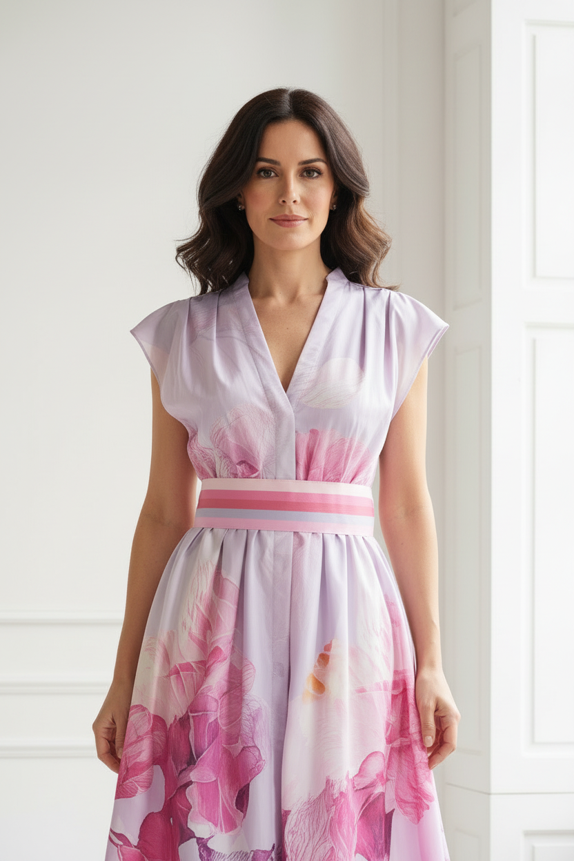 Vestido lila flores fucsia detalle