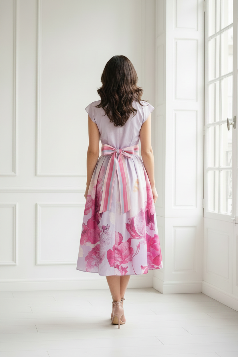 Vestido lila flores fucsia espalda lazo hasta rodilla