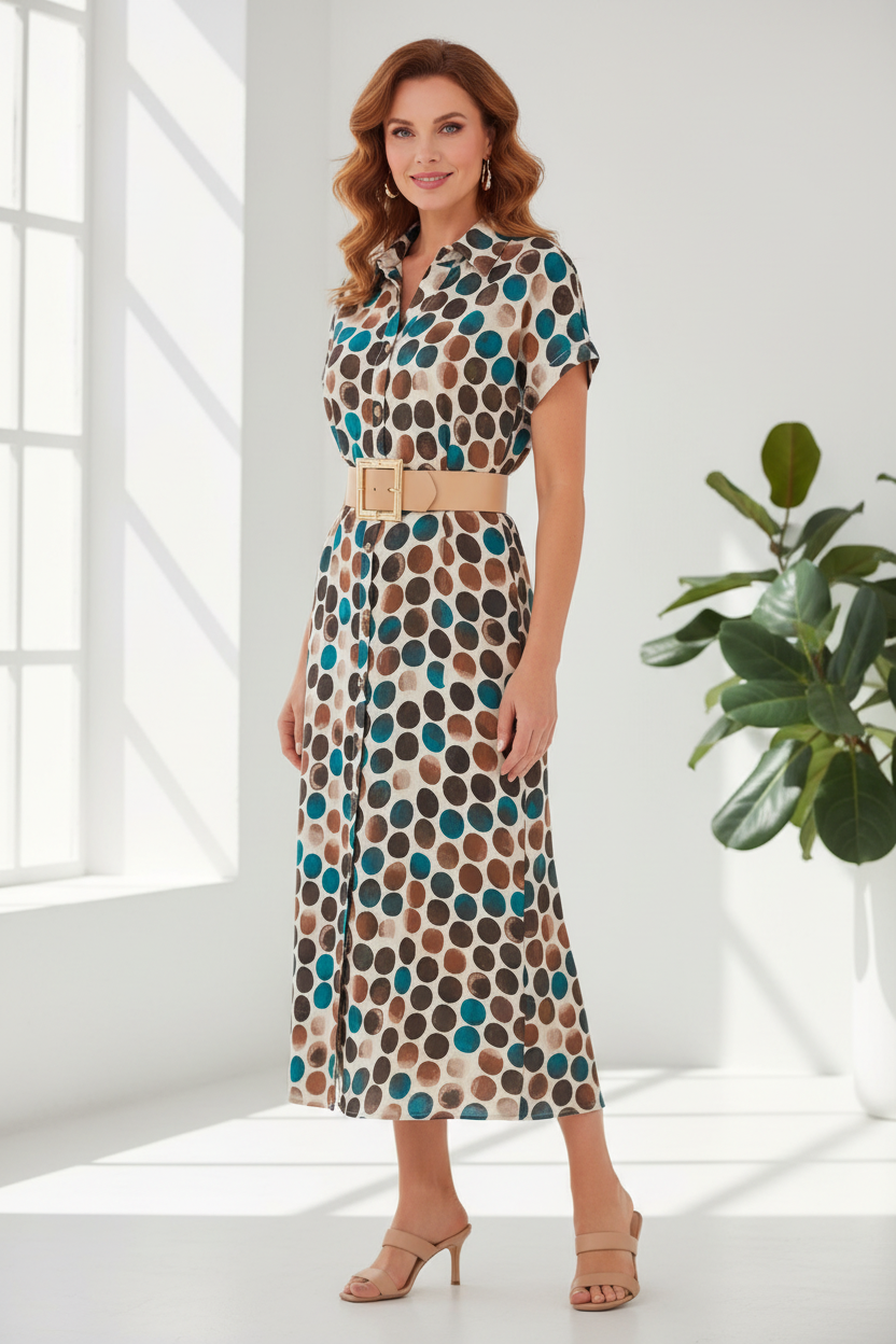 Vestido lunares con cinturón beige