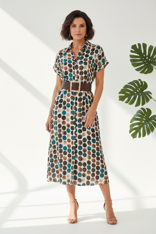 Vestido lunares con cinturón marrón