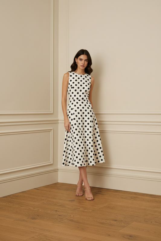 Vestido lunares con modelo en sala