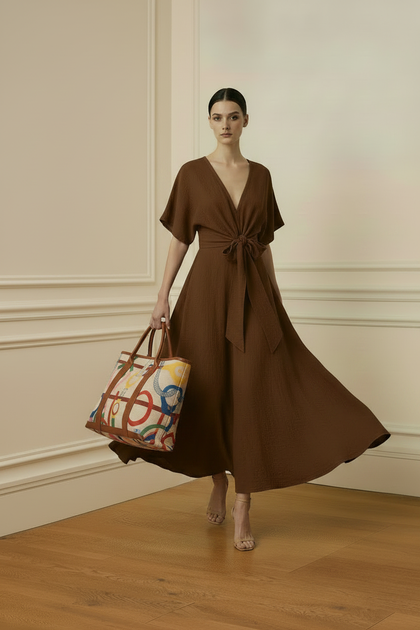 Vestido marrón con tote colorido - movimiento