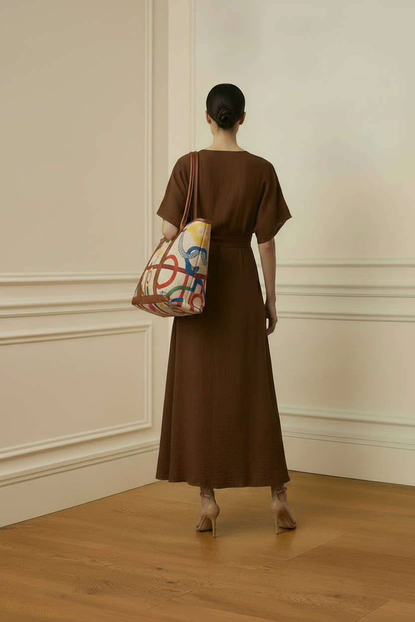 Vestido marrón con tote colorido - trasera