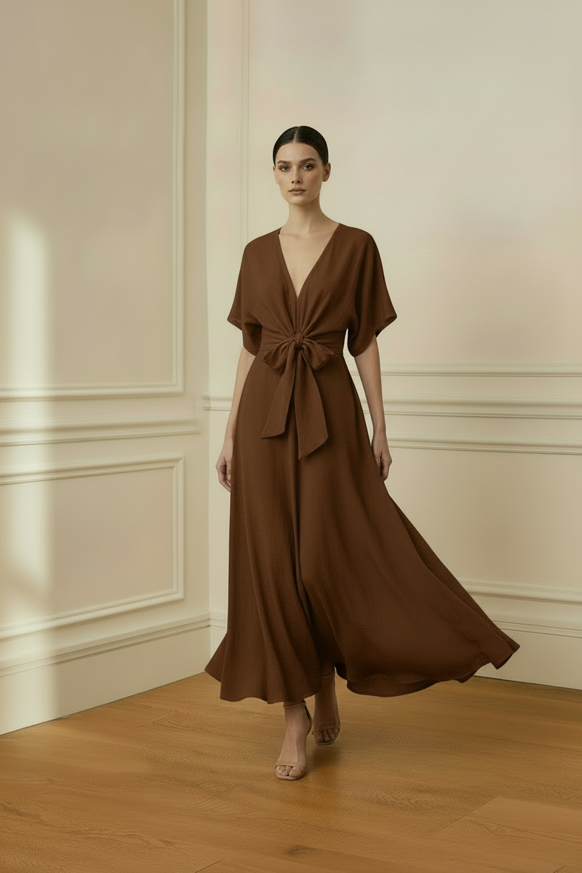 Vestido marrón sin bolso - movimiento