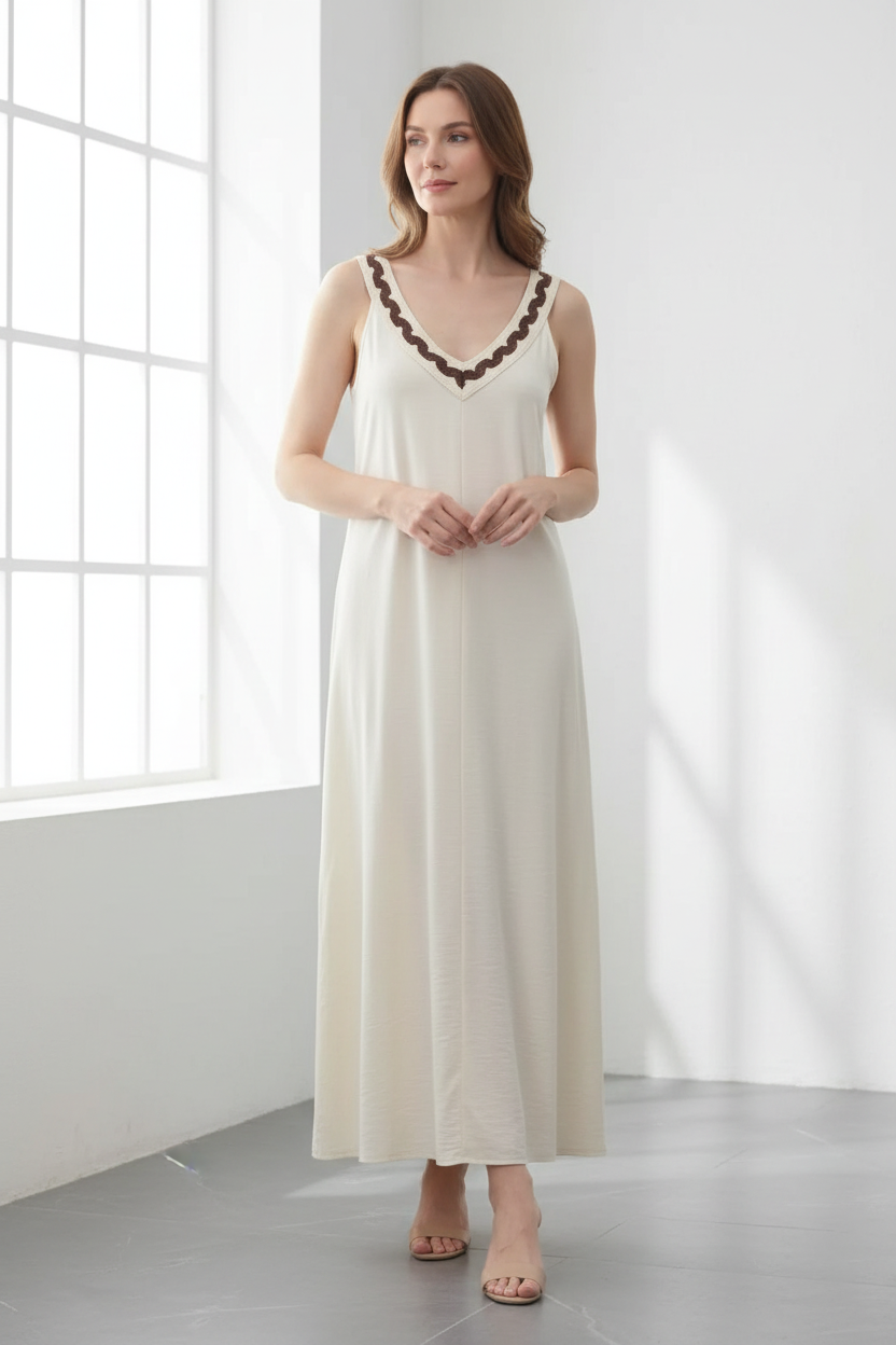 Vestido maxi crema frontal