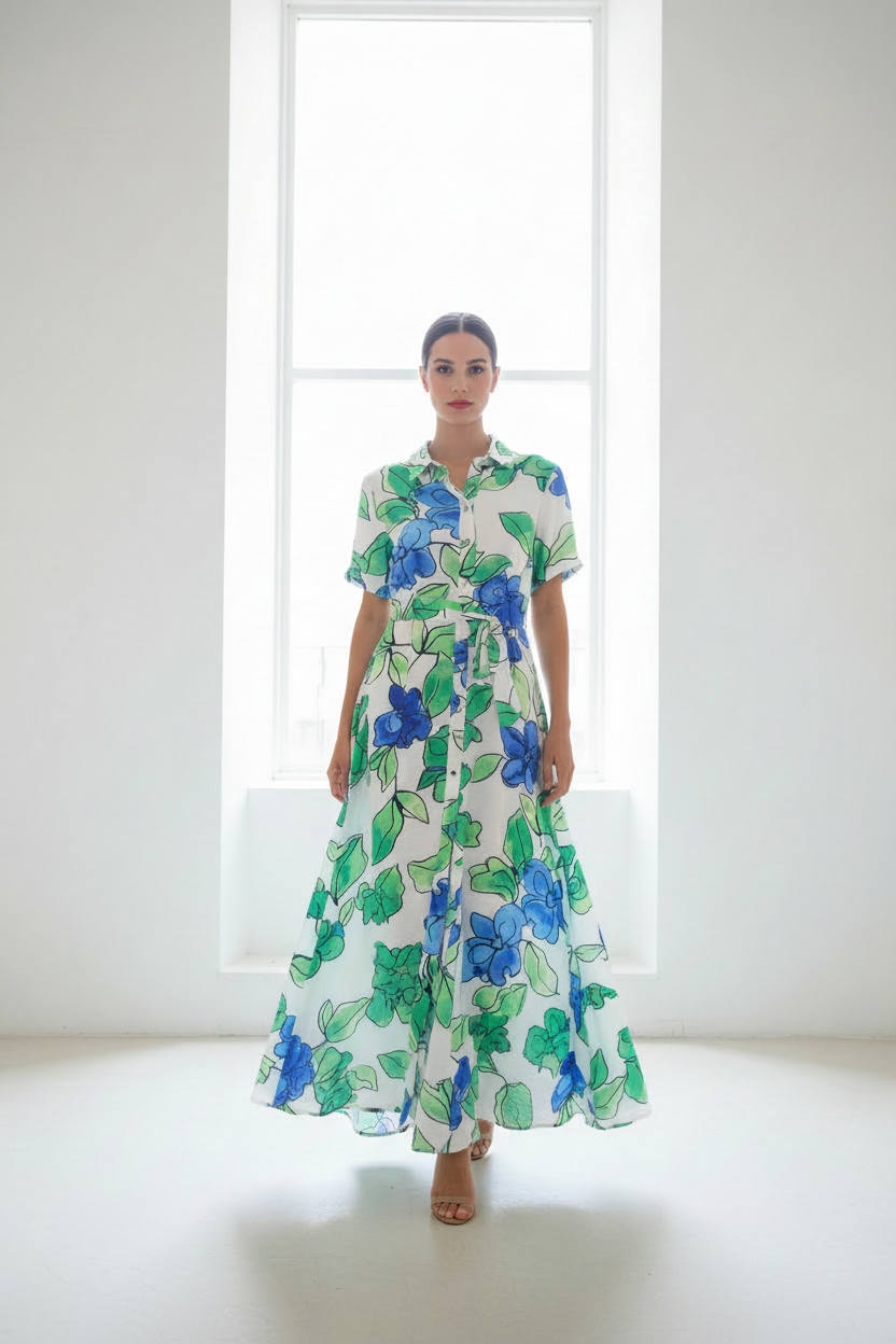 Vestido maxi floral caminando