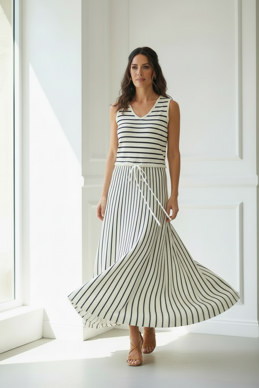 Vestido navy rayas blancas en movimiento