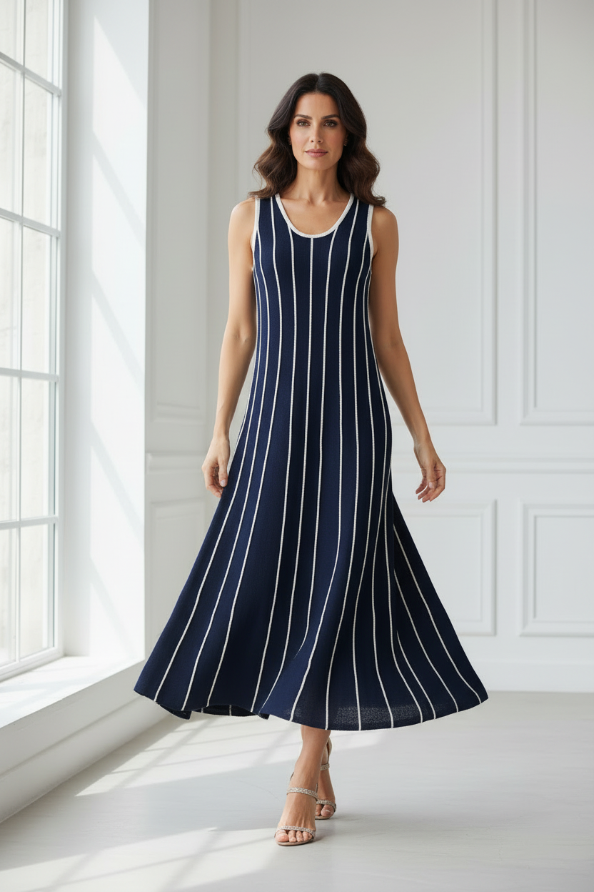 Vestido navy rayas crema en movimiento