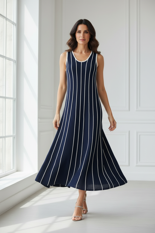 Vestido navy rayas crema en movimiento