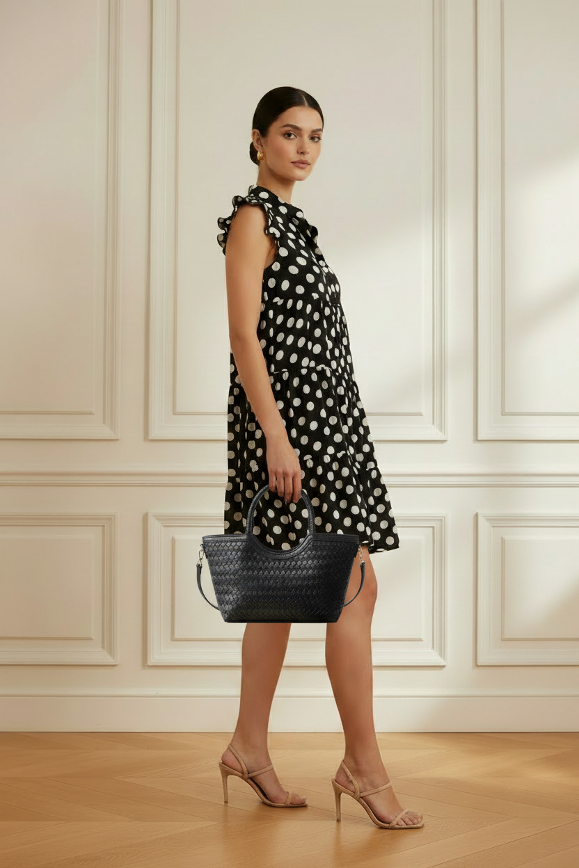 Vestido negro de lunares con bolso trenzado negro