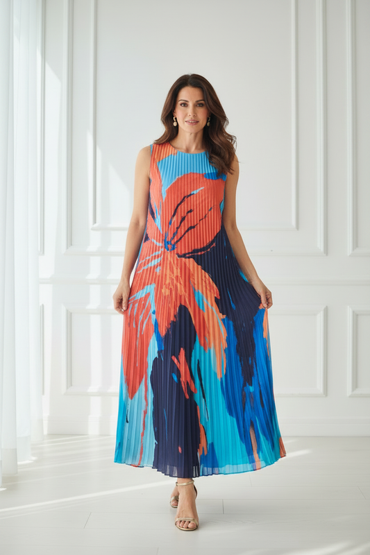 Vestido plisado abstracto coral azul turquesa modelo española