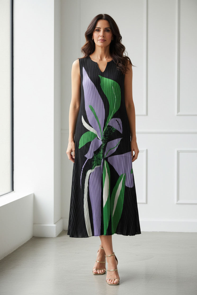 Vestido plisado flor gigante lila verde negro modelo española