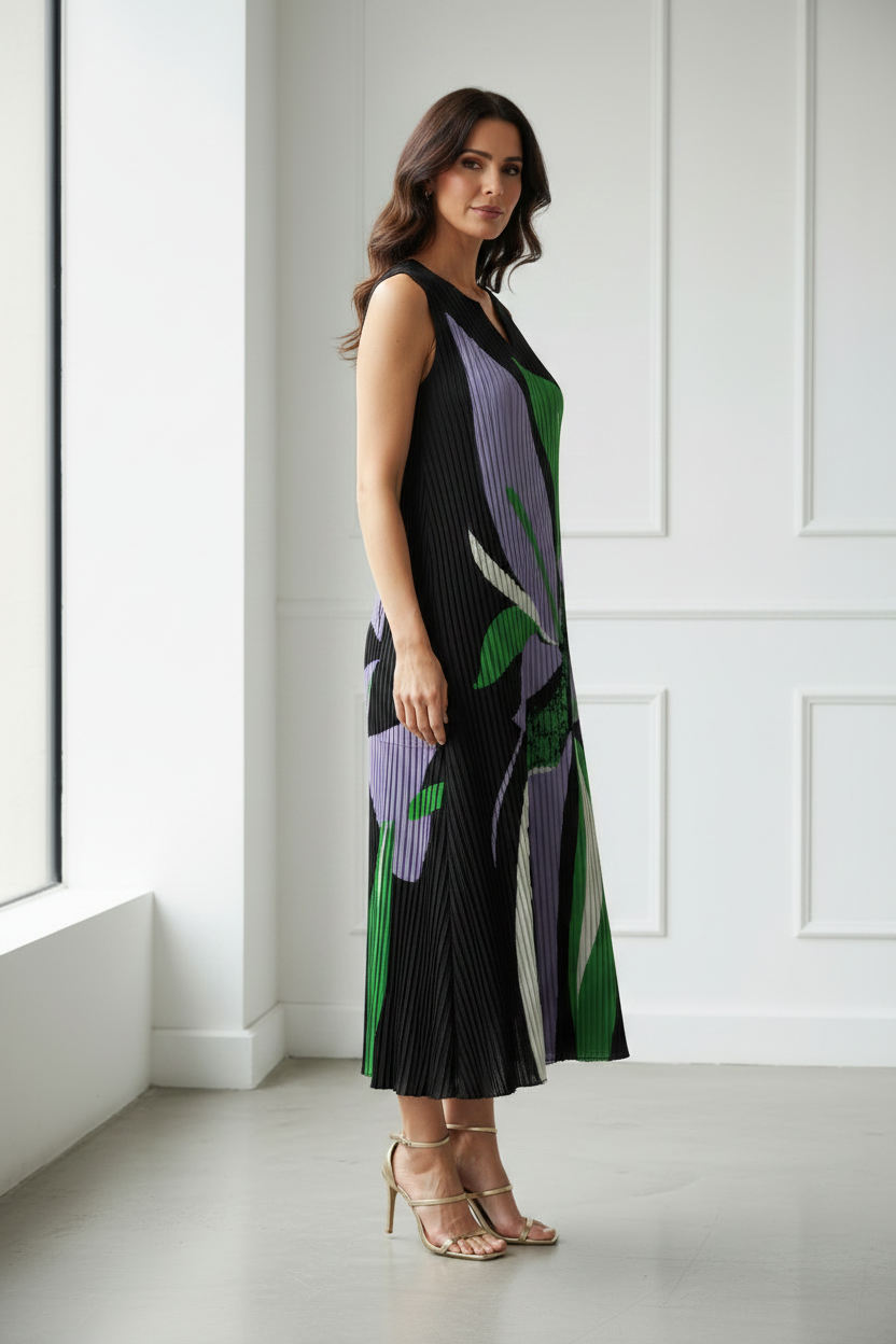 Vestido plisado flor lila vista lateral
