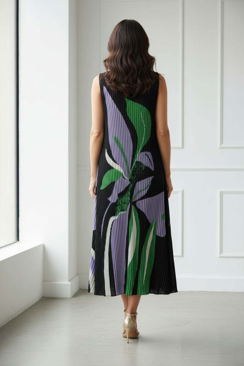 Vestido plisado flor lila vista trasera
