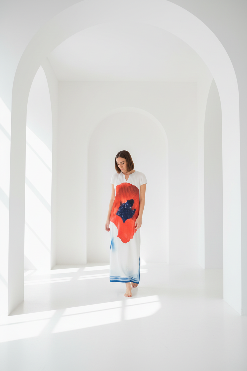 Vestido poppy fondo arquitectónico blanco