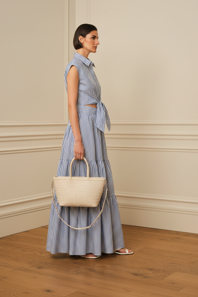 Vestido camisero rayas azules - vista lateral con bolso beige