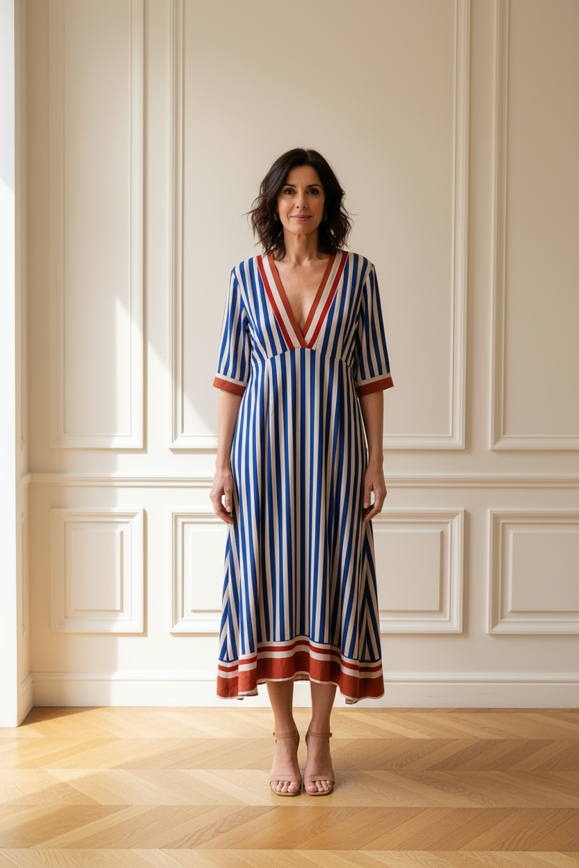 Vestido midi rayas azul marino y beige con ribete rojo - frontal