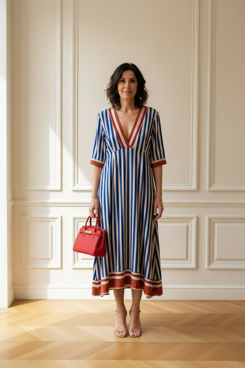 Vestido midi rayas - frontal con bolso Birkin rojo mediano
