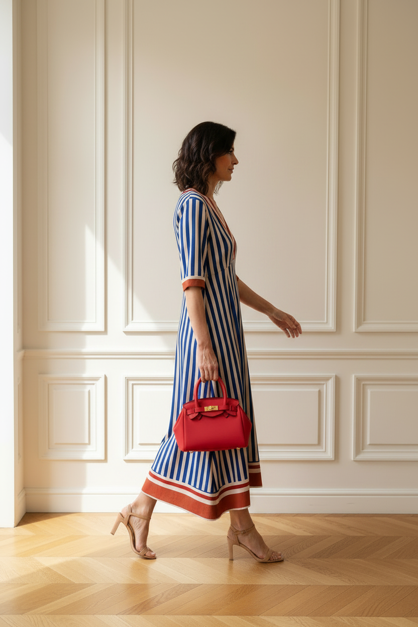 Vestido midi rayas - lateral con bolso Birkin rojo mediano