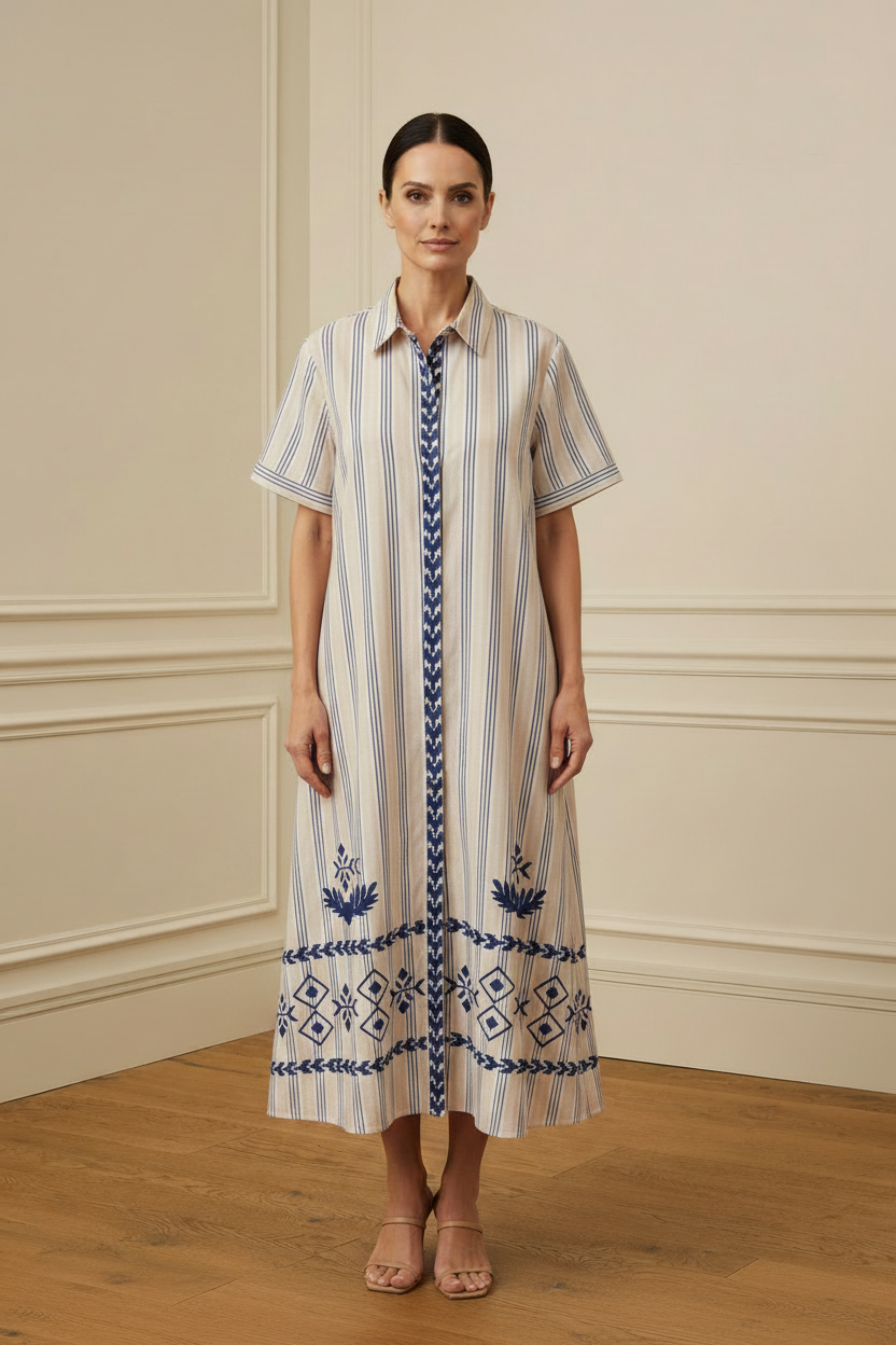 Vestido camisero maxi rayas bordado étnico azul - vista frontal